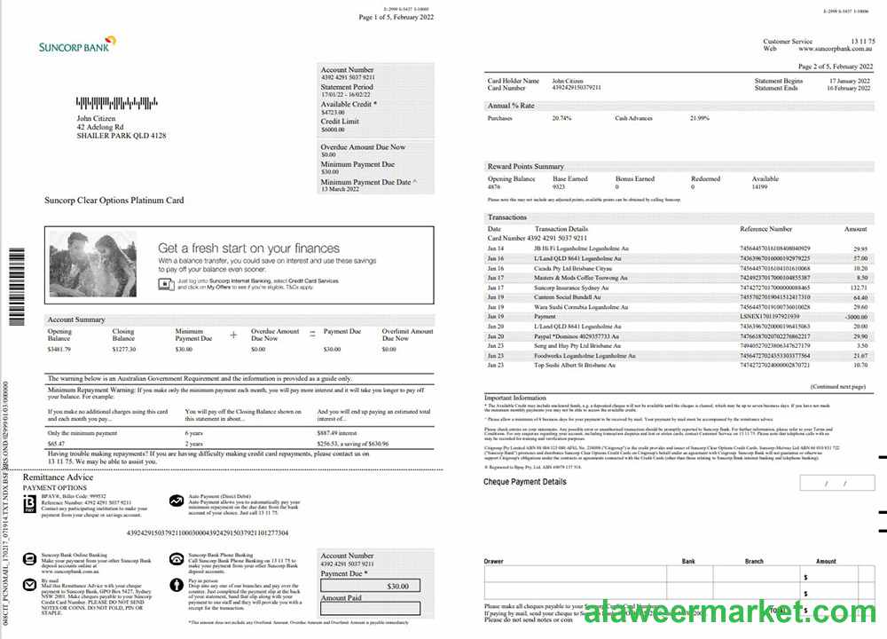 Australia Suncorp bank statement 5 pages